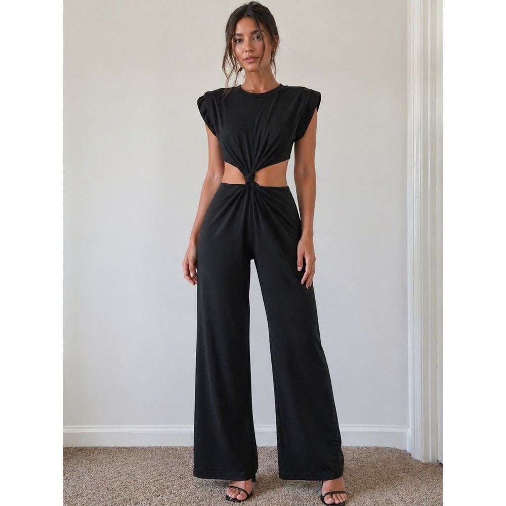Lush Black Front Knot Cutout Wide‎ Leg Jumpsuit Padded Shoulder P7148 Womens L